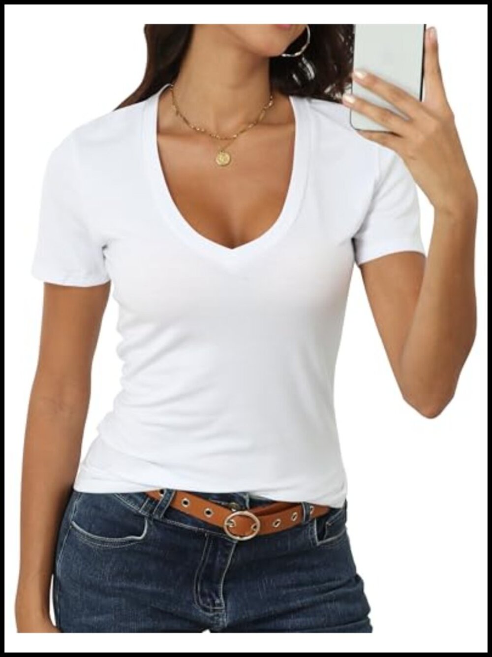 Roselux Women's Deep V Neck Fitted Short Sleeve Cotton Modal T-Shirt Summer Tee